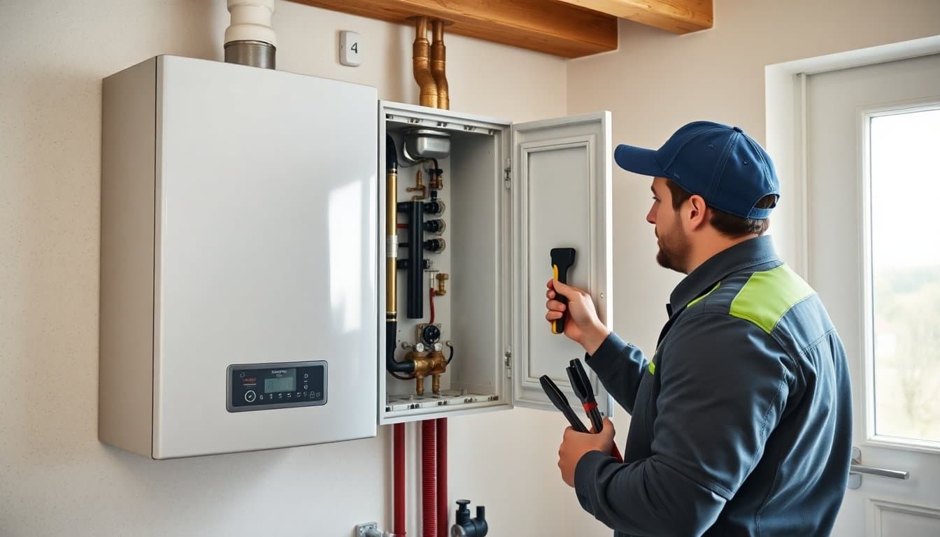 Technicien chauffagiste effectuant l'entretien annuel d'une chaudière gaz