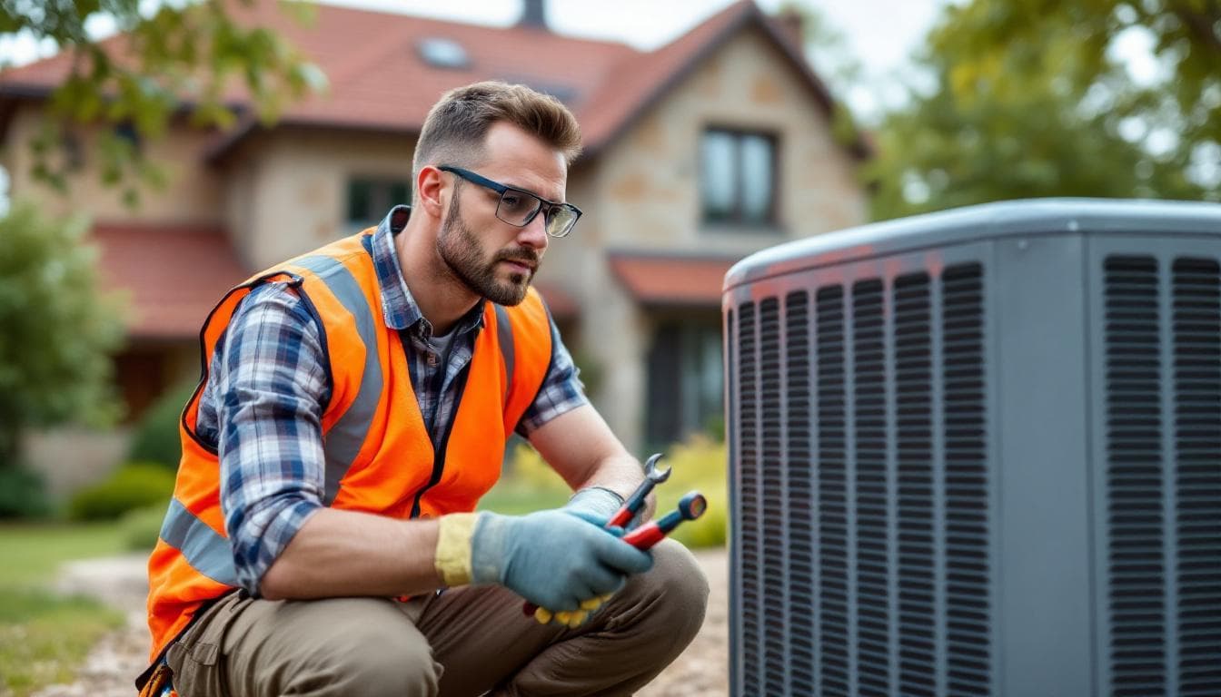 Technicien effectuant l'entretien annuel d'une pompe à chaleur air-eau