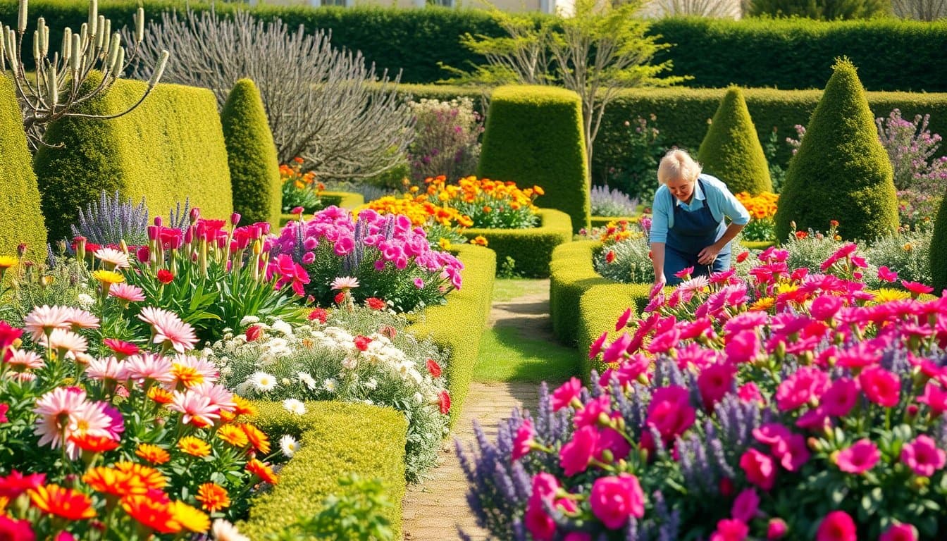Jardinier entretenant son jardin au printemps
