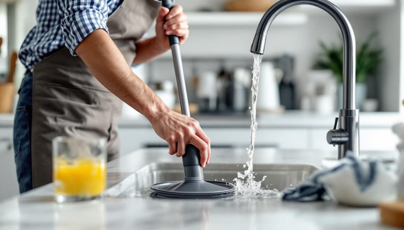 Personne utilisant une ventouse pour déboucher un évier de cuisine