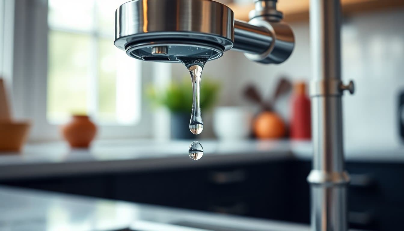 Robinet de cuisine qui goutte avec une goutte d'eau visible