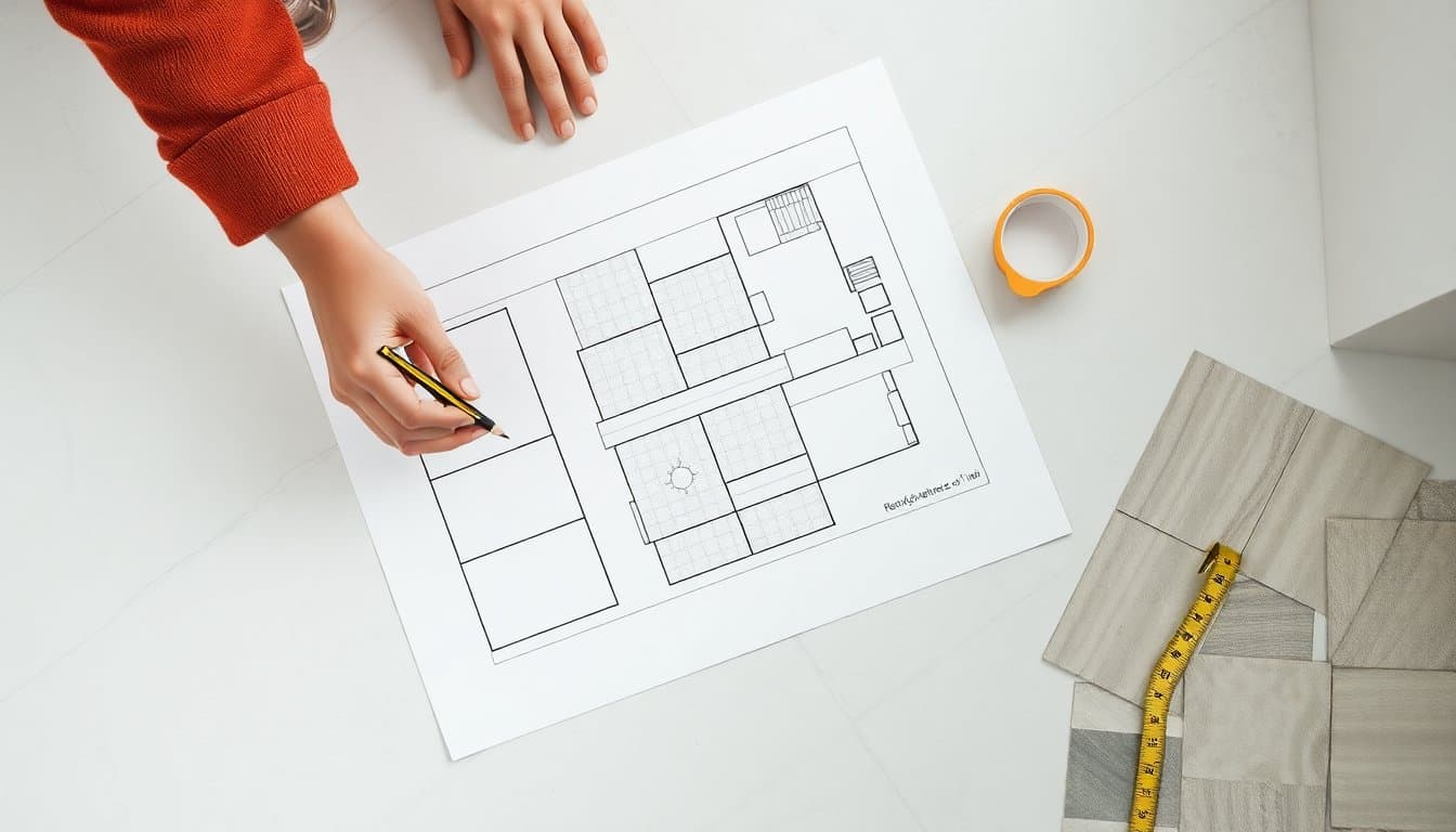 Plan de calepinage carrelage tracé sur papier quadrillé avec mesures d'une pièce