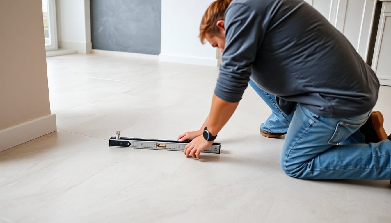 Carreleur professionnel posant du carrelage au sol dans une salle de bain