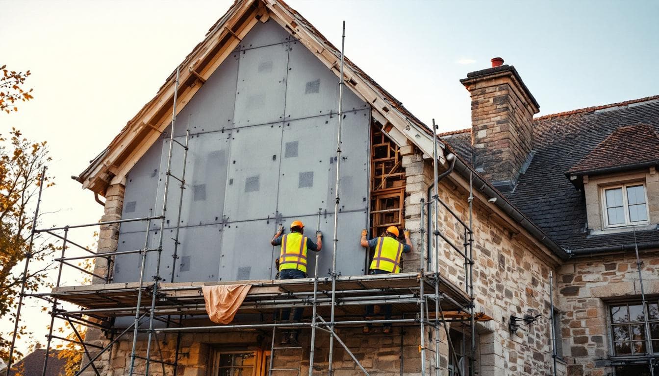 Maison en cours de rénovation énergétique avec isolation extérieure et échafaudage