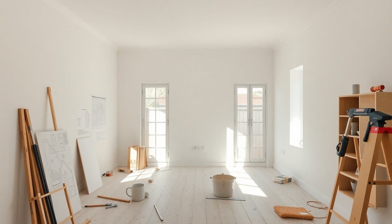 Chantier de rénovation maison avec ouvriers