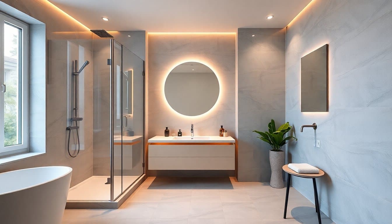 Salle de bain moderne rénovée avec douche italienne et meuble vasque