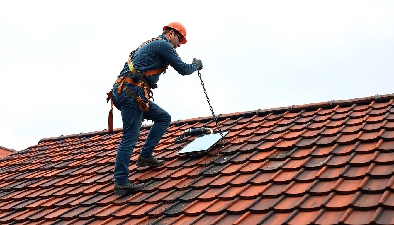 Couvreur sur toit en cours de réparation d'urgence