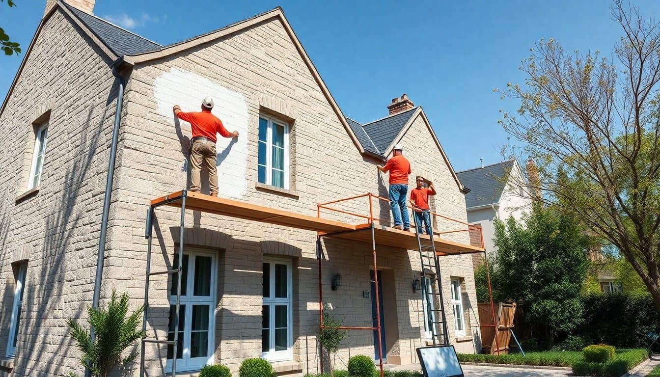 Façade de maison en cours de ravalement avec échafaudage et peinture neuve