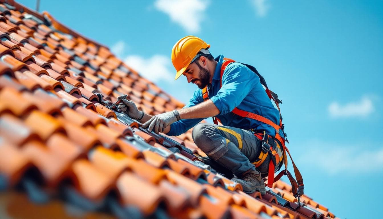 Couvreur professionnel remplaçant des tuiles endommagées sur un toit