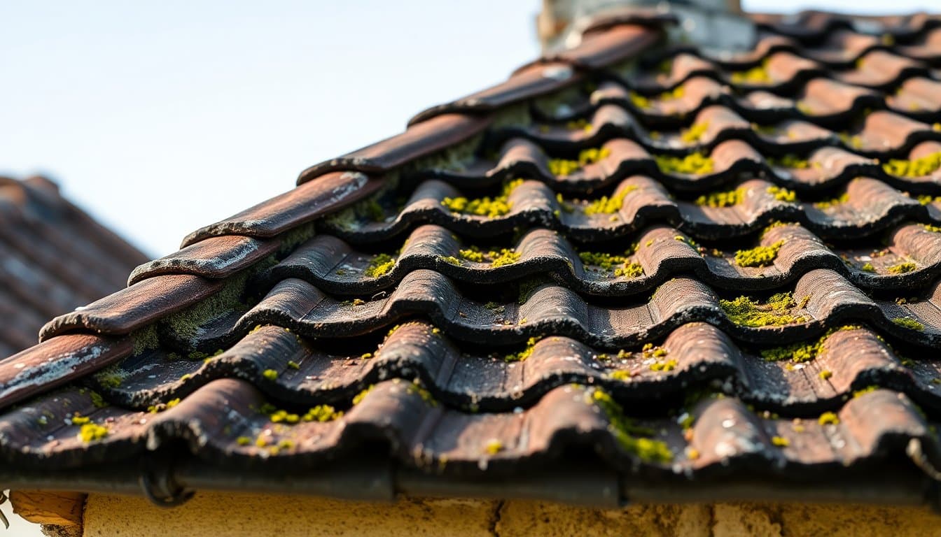 Tuiles de toiture poreuses recouvertes de mousse et lichens
