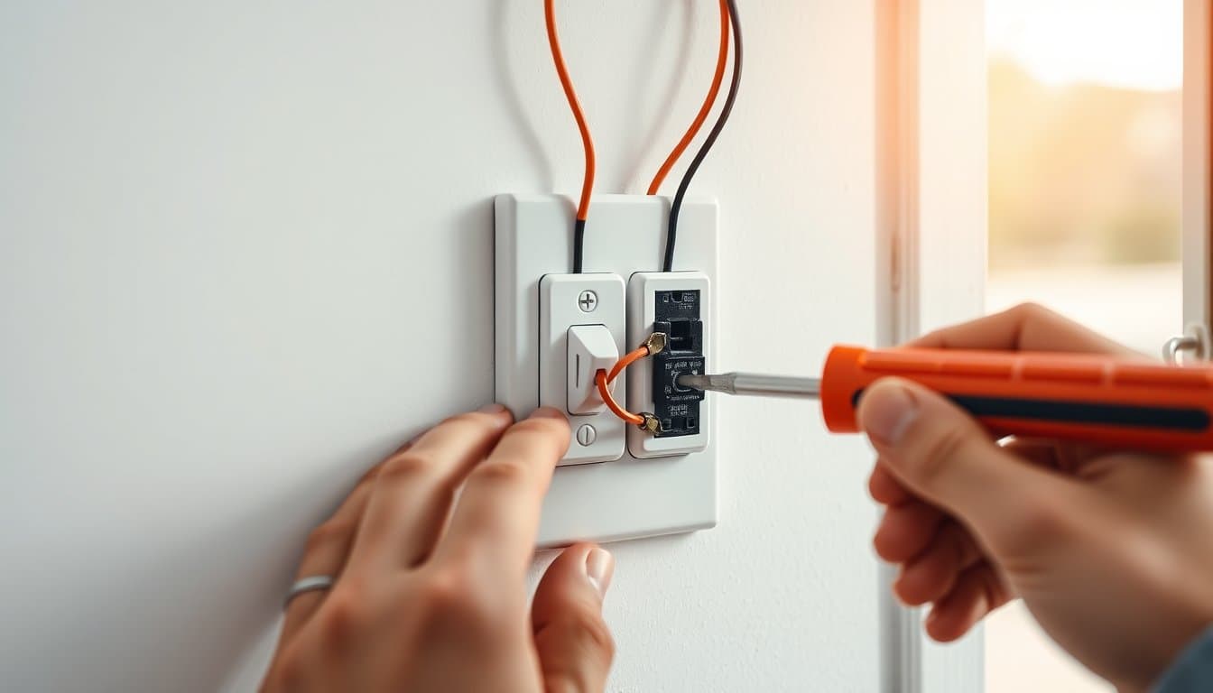 Câblage d'un interrupteur va-et-vient avec fils navettes orange sur mur clair